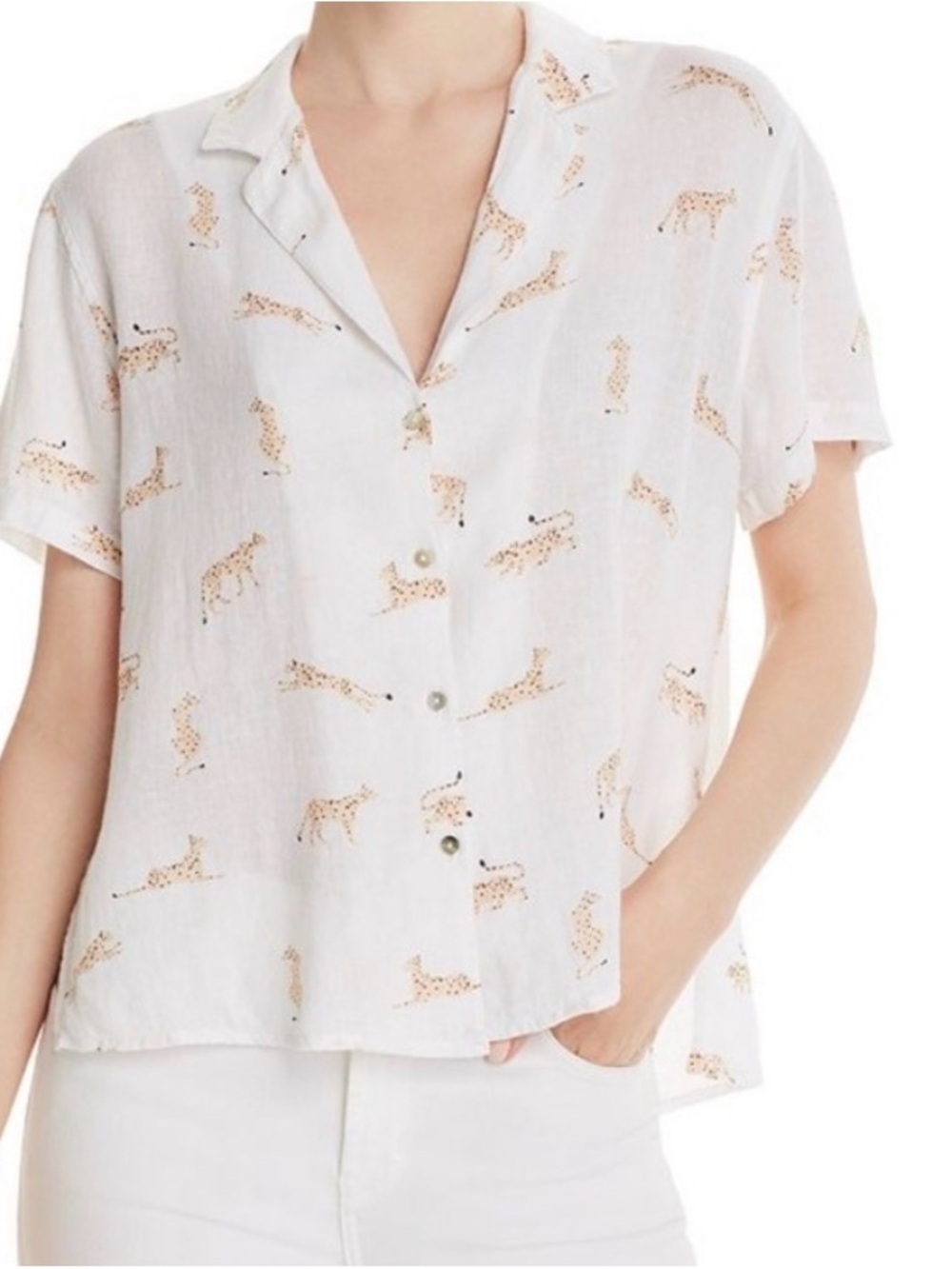 Rails Linen blend White Short-Sleeve Button-Down Top with Cheetah Print